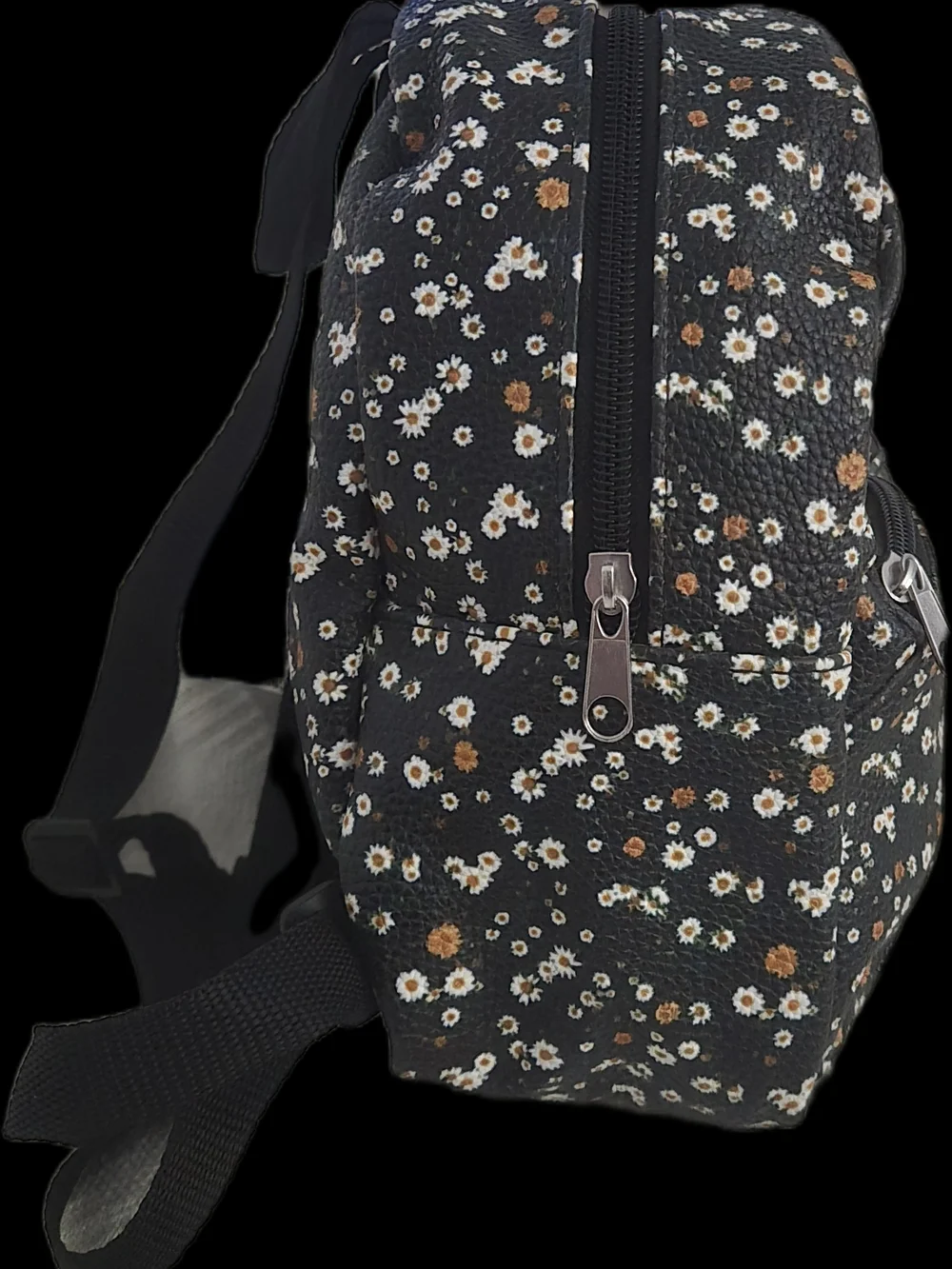 Arizona Jean Company Black Mini Backpack with White and Brown Daisy Print